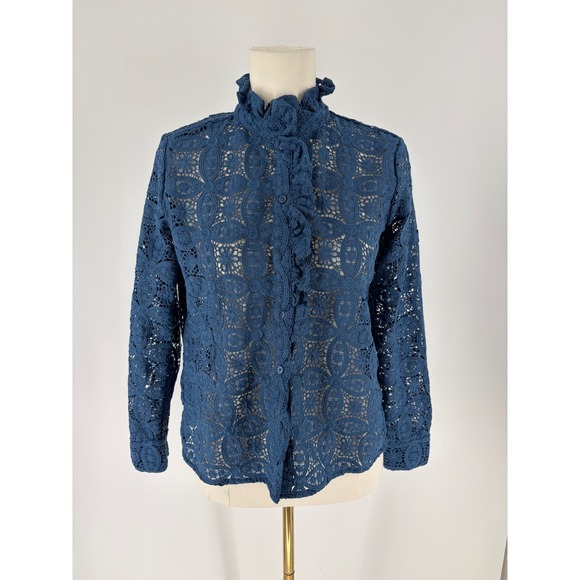 Ann Taylor Tops - Ann Taylor Blue Guipure Lace Ruffle High Neck Button Down Blouse Top Small SP